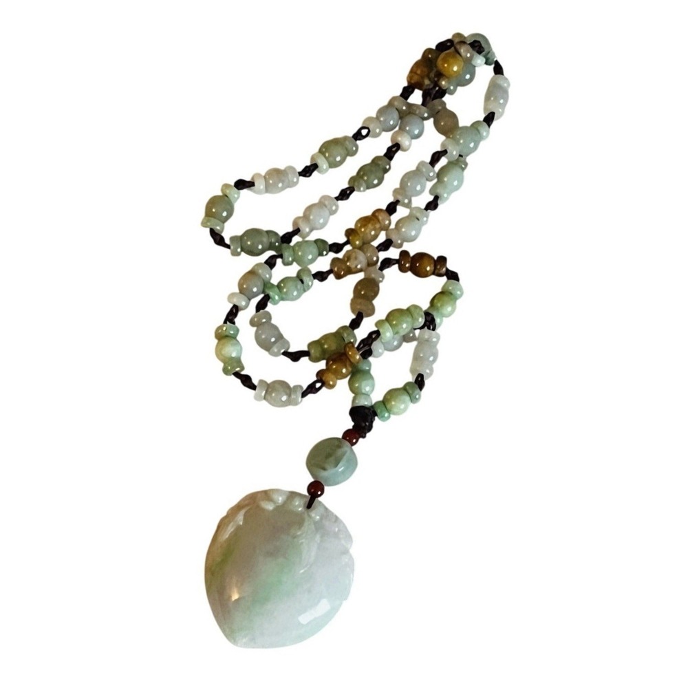 Jade necklace VTG Tri-color Green Frost Genuine Natural 66g Real Beaded Carved
